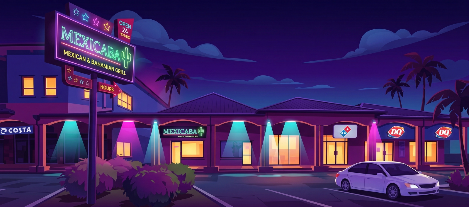 Evening exterior illustration of Mexicaba after the neon lights settle.
